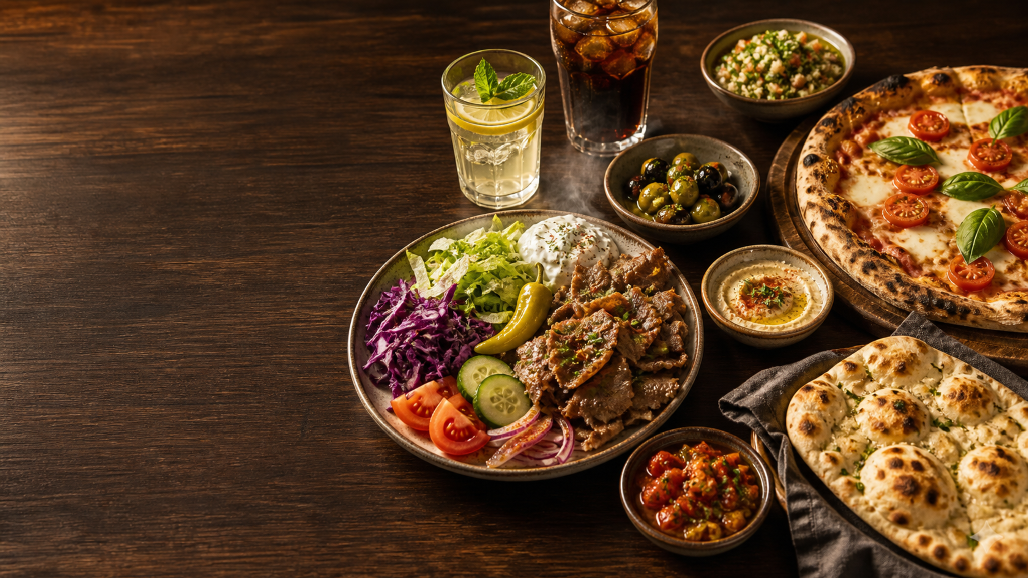 Restoran masasında içecek ve yemek