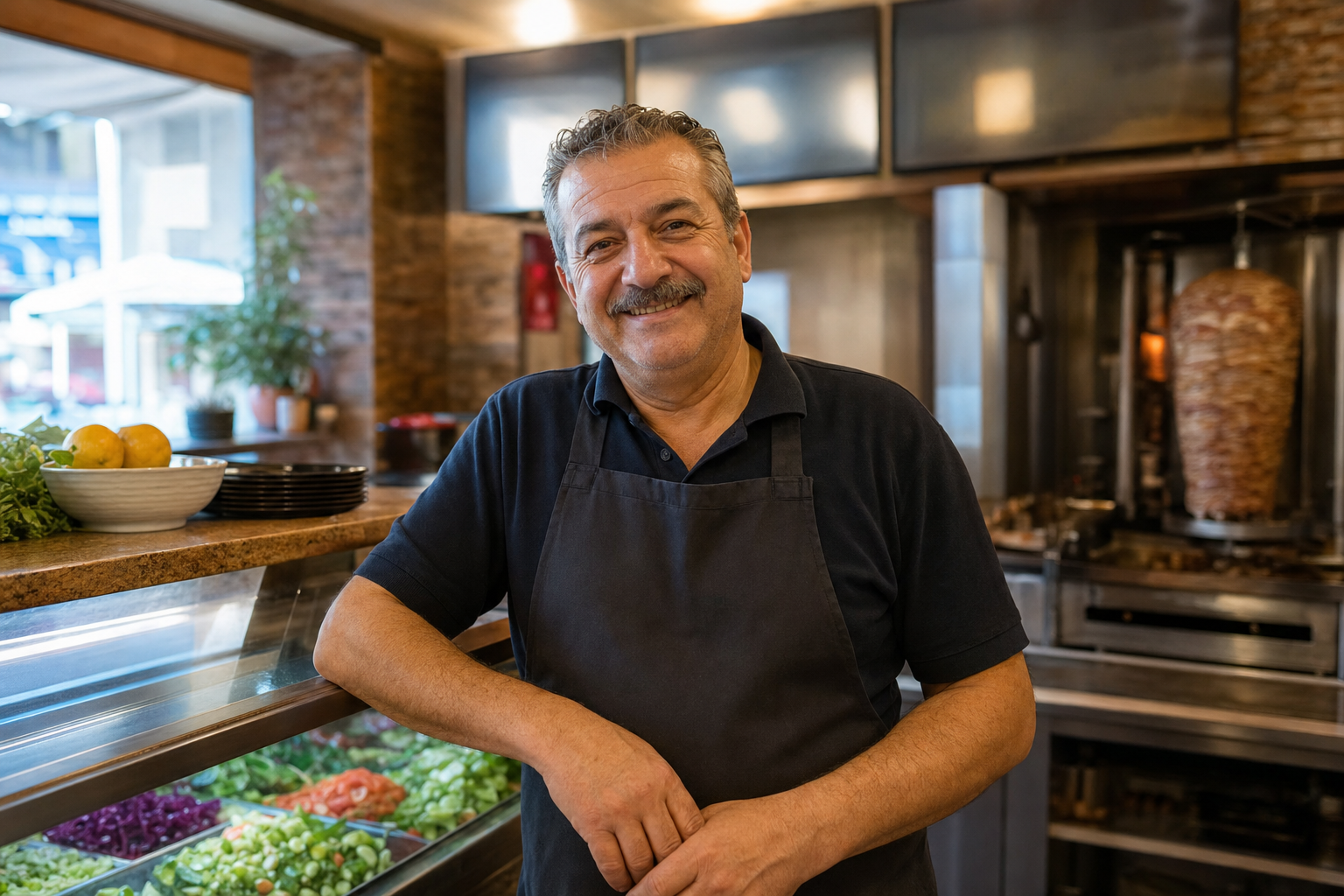 Ein Bochumer Döner-Ladenbesitzer lächelt hinter seiner Theke